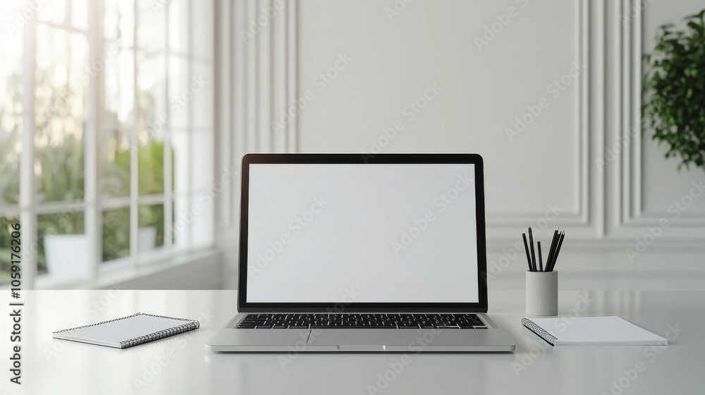 Minimalist workspace with laptop and stationery Minimalist workspace with laptop and stationery
