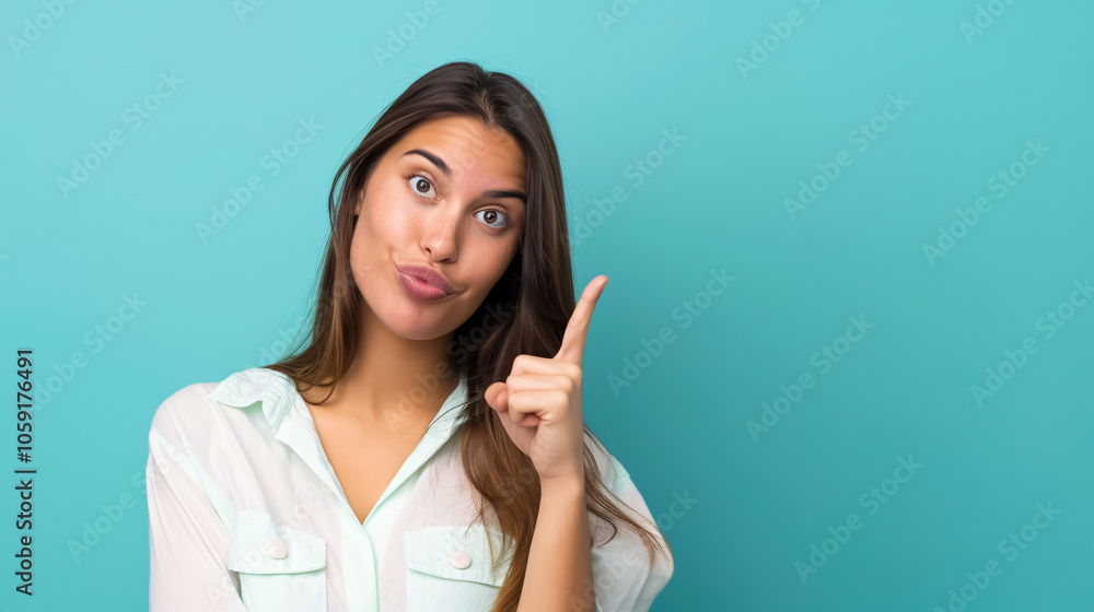 Young Woman Pointing Finger to the Side Against Isolated Blue Background