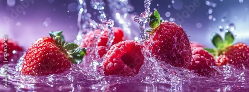 Juicy strawberries and raspberries splashing into water against a vibrant pur...