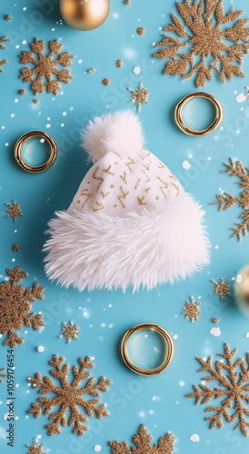 Winter holiday decoration featuring a white Santa hat amidst festive ornament...