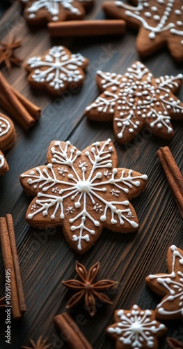 Gingerbread snowflake cookies and cinnamon sticks on a wooden table for winte...