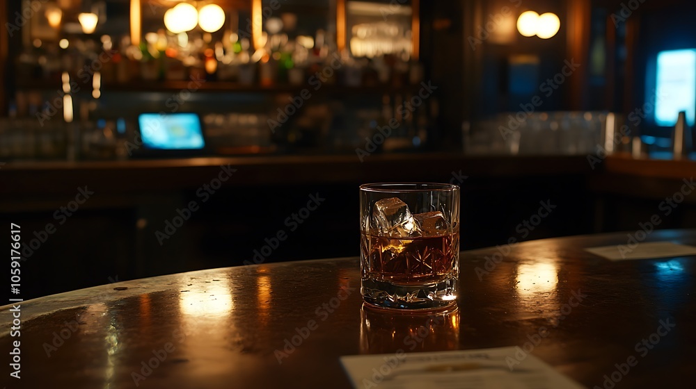 A glass of whiskey with ice sits on a polished bar counter in a dimly lit setting. A glass of whiskey with ice sits on a polished bar counter in a dimly lit setting.