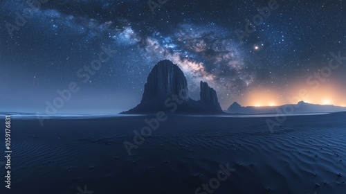 Starry Night in the Desert with Majestic Mountains and Rock Layers