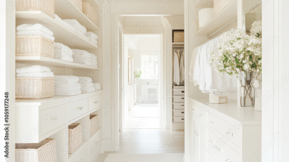 Fototapeta premium A bright and organized closet features neatly stacked towels and woven baskets, creating serene and inviting atmosphere. soft color palette enhances calmness of space