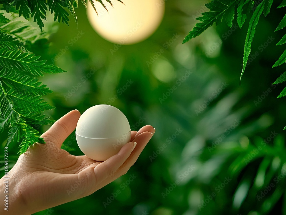 Hand holding a white sphere surrounded by lush green ferns.