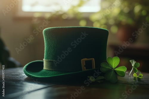A green top hat adorned with a clover on a wooden table in a cozy setting dur...