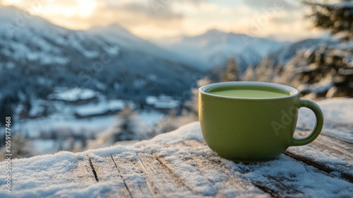 Warm cup of herbal tea on fresh snow in a majestic winter mountain landscape ...