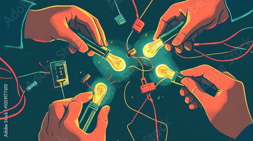 Hands connecting light bulbs with wires photo