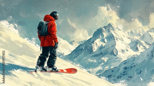A snowboarder in a red jacket gazes at snowy mountain peaks during a bright w...