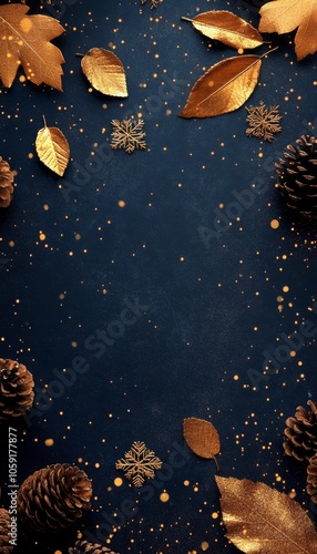 Elegant arrangement of golden leaves, pinecones, and snowflakes on a dark blu...