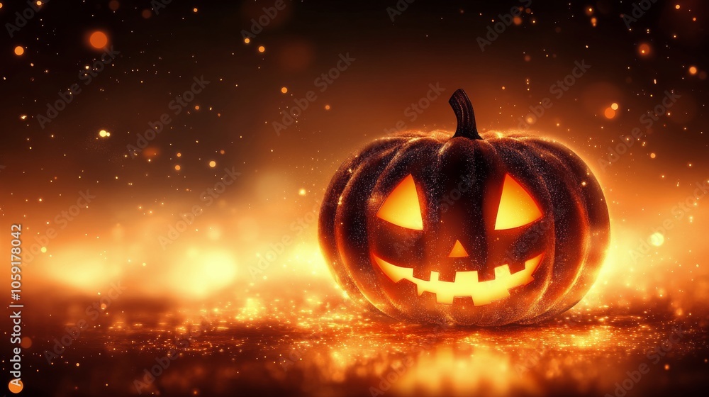 Fototapeta premium A carved pumpkin sits against an abstract background, celebrating Halloween decorations in autumn