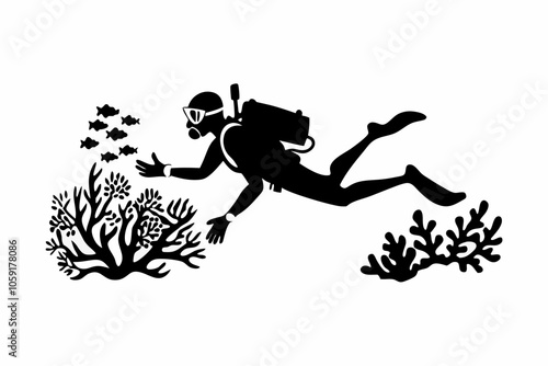 Scuba Diver Silhouette Vector with Coral Reef