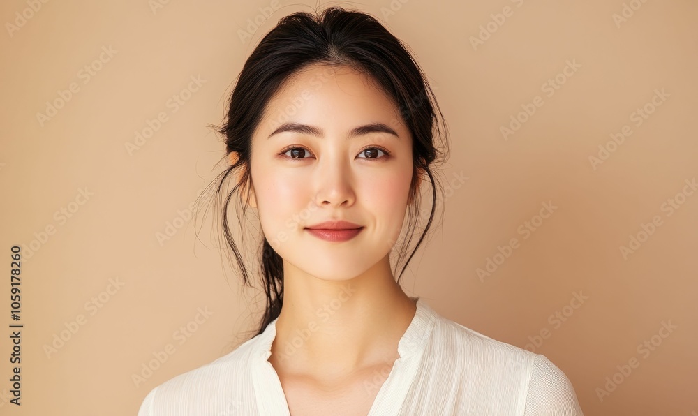 Smiling woman with dark hair wearing white shirt. Smiling woman with dark hair wearing white shirt.