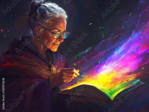 fantasy concept art of the god of knowledge, learning, truth, order, and magic. She is responsible for the harnessing of magic into something knowable and useful. She is most often depicted as a wise 
