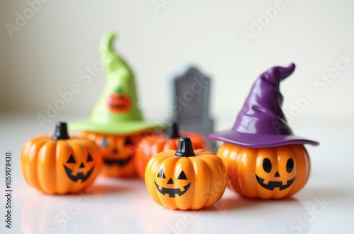 Halloween holiday toy pumpkins, toy caps, toy graves, toy candles, photo