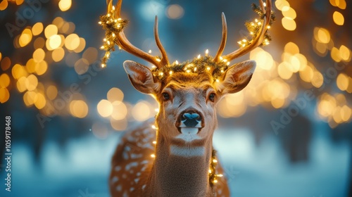 A deer adorned with lights stands amidst a winter wonderland filled with glow...