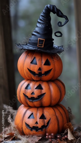 Two stacked Halloween pumpkins wearing a witch hat on a rustic wooden backgro...