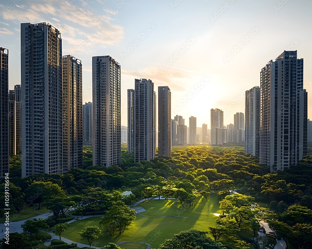 Obraz premium Towering Skyscrapers Casting Shadows Over Tranquil Urban Park at SunriseSunset