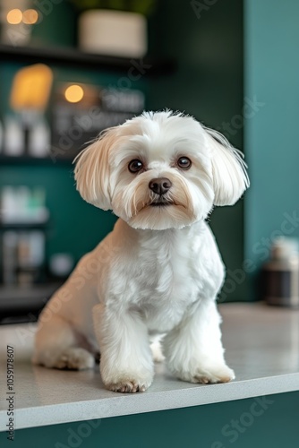 Adorable white dog with fluffy coat sitting on orange chair against yellow ba...
