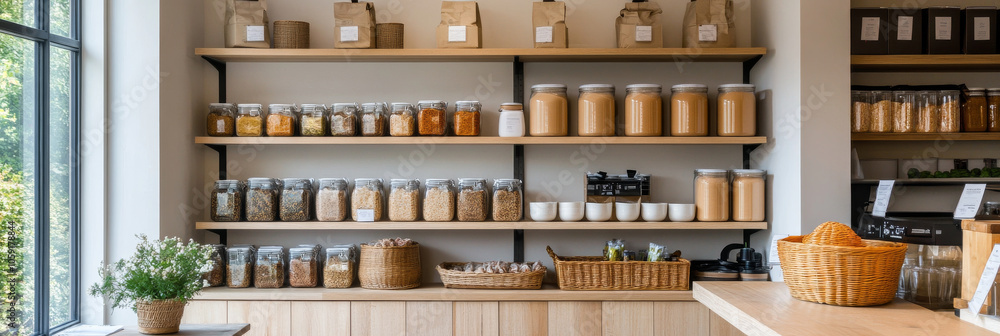 A well organized pantry displays various jars filled with grains, spices, and other dry goods, creating warm and inviting atmosphere. wooden shelves enhance rustic charm of space A well organized pantry displays various jars filled with grains, spices, and other dry goods, creating warm and inviting atmosphere. wooden shelves enhance rustic charm of space