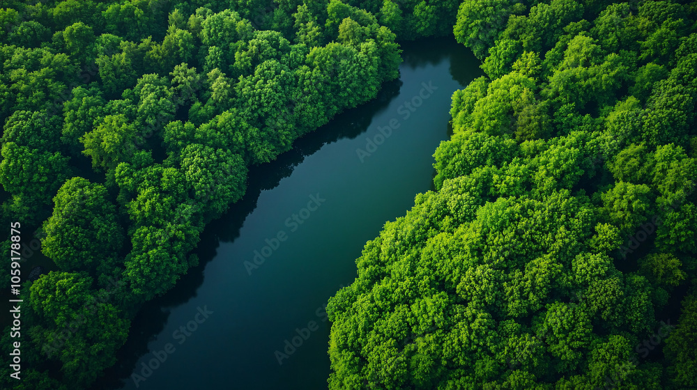 aerial view of lush green forest and winding river aerial view of lush green forest and winding river
