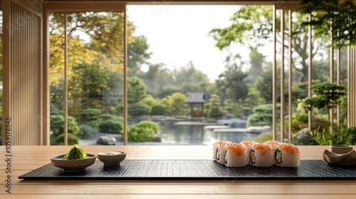 Sushi arrangement on a wooden table in a serene garden setting during daytime