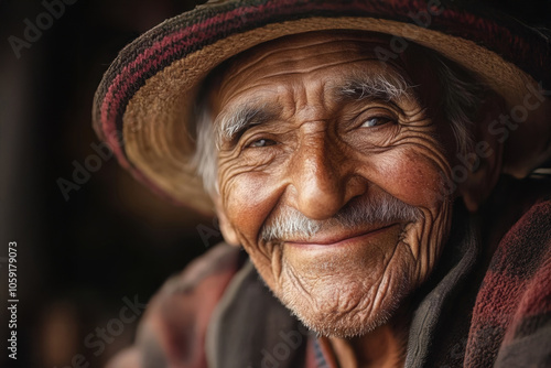 Close-up portrait of an elderly man with deep wrinkles and a gentle smile, showcasing wisdom and life experience. He wears a traditional hat and radiates warmth.