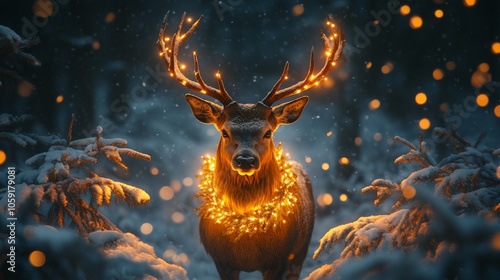 A deer adorned with lights stands amidst a winter wonderland filled with glow...