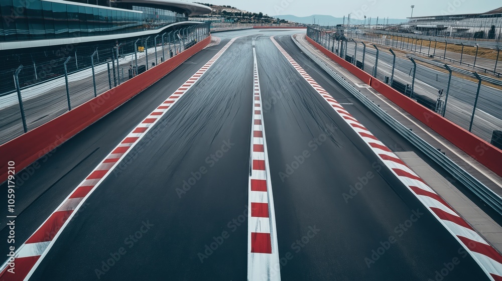 Empty race track with red and white curbs, surrounded by barriers and grandstands, showcasing a smooth racing surface and clear sky in the background. Empty race track with red and white curbs, surrounded by barriers and grandstands, showcasing a smooth racing surface and clear sky in the background.