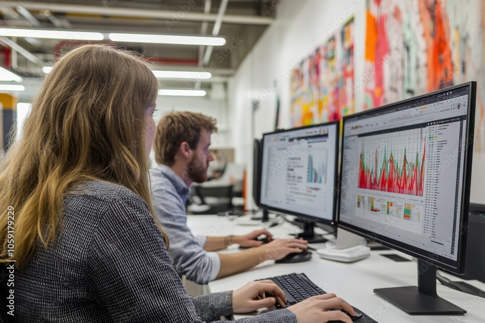 Two focused professionals analyze data on computer screens in a modern office, immersed in graphs and figures, representing teamwork and analytics. Two focused professionals analyze data on computer screens in a modern office, immersed in graphs and figures, representing teamwork and analytics.