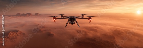 A drone with cameras and lights flying over the red desert, with dust clouds rising from below. The sun is setting in the background, casting long shadows on the rugged terrain. High-resolution photog photo