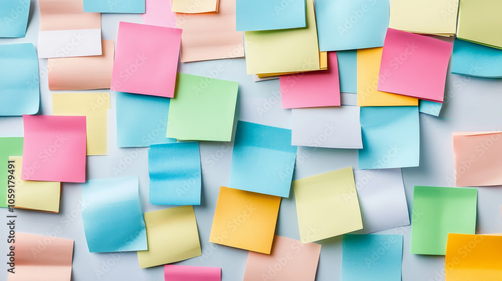 Colorful sticky notes scattered on surface create vibrant and organized workspace. These notes in various shades inspire creativity and productivity Colorful sticky notes scattered on surface create vibrant and organized workspace. These notes in various shades inspire creativity and productivity