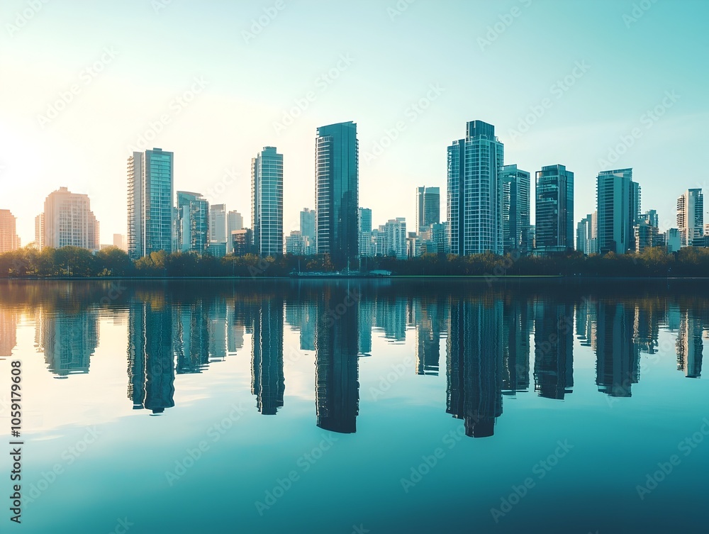 Fototapeta premium Serene City Skyline Reflected in Tranquil Lake with Towering Buildings