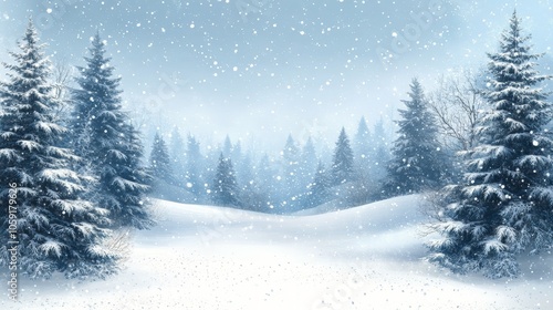 Snowfall in a tranquil winter landscape with evergreen trees during a serene ...