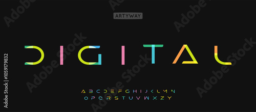Youthful futuristic alphabet, wide geometric letters, vibrant colorful font for tech logos, playful headline, colorful typography, artistic design. Vector typeset.
