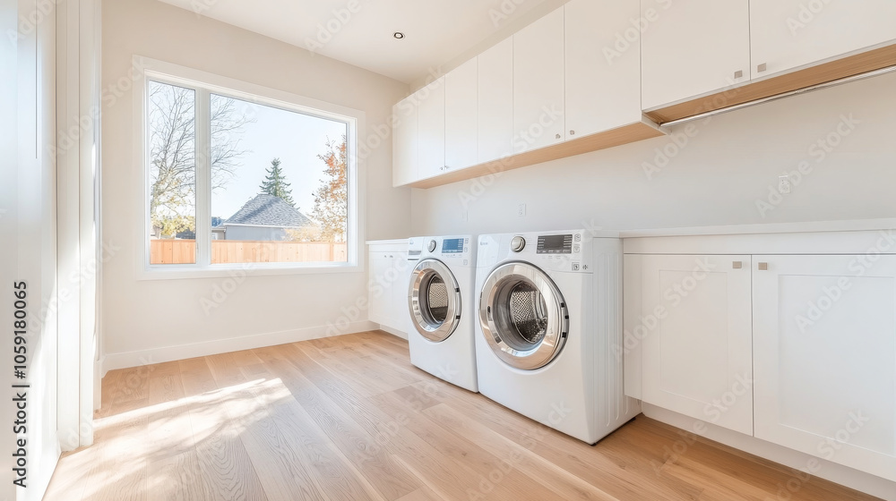 Bright and modern laundry room featuring two white washing machines, ample storage, and large window allowing natural light to fill space, creating welcoming atmosphere Bright and modern laundry room featuring two white washing machines, ample storage, and large window allowing natural light to fill space, creating welcoming atmosphere