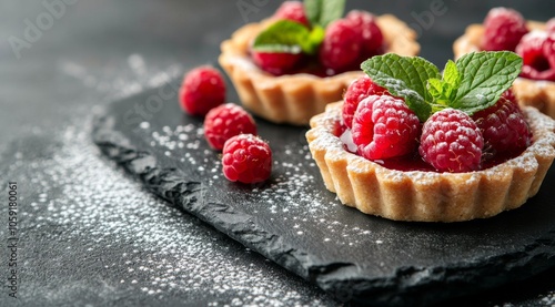 Delicious raspberry tarts with fresh mint displayed on a dark slate board