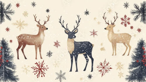 Colorful reindeer and Christmas trees create a festive winter landscape with ...