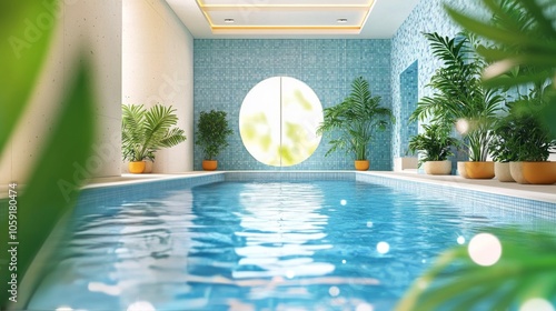 Tranquil indoor swimming pool surrounded by lush greenery and soothing blue t...