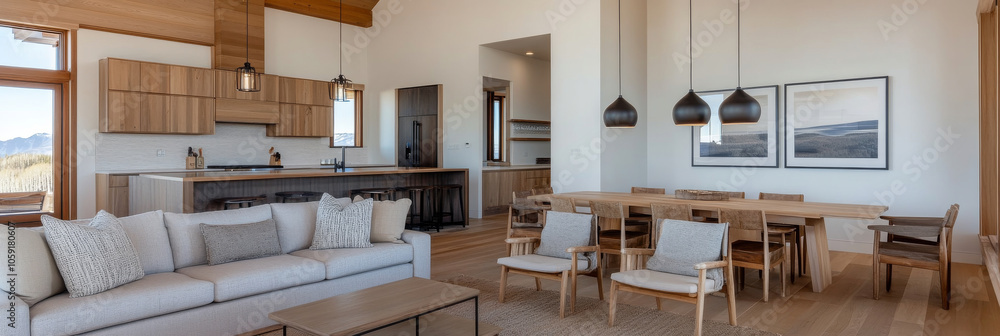 Modern interior design featuring spacious living area with cozy sofa, wooden dining table, and stylish pendant lights. warm tones and natural materials create welcoming atmosphere Modern interior design featuring spacious living area with cozy sofa, wooden dining table, and stylish pendant lights. warm tones and natural materials create welcoming atmosphere