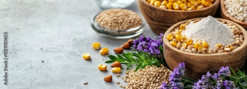 Various seeds and grains displayed in bowls alongside herbs and flowers on a ...