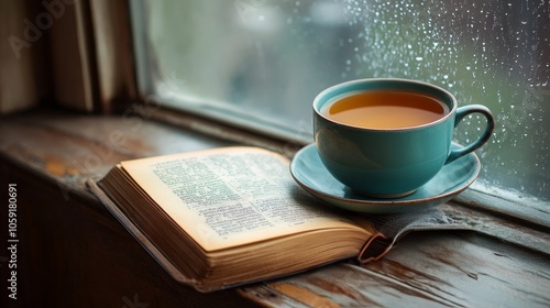 Enjoying a warm cup of tea beside an open book by the window on a peaceful af...