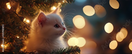 A playful white kitten explores under the Christmas tree adorned with bright ...