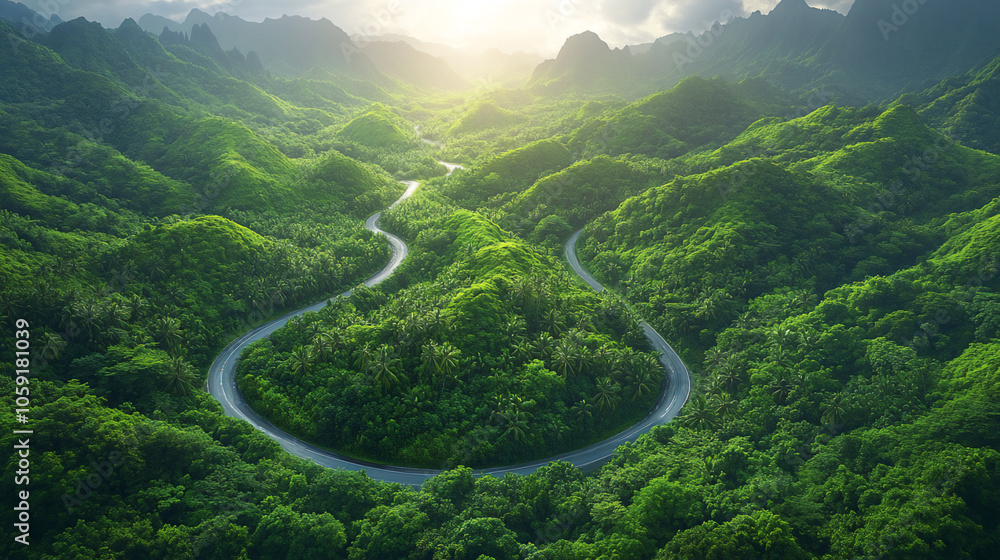 Aerial view of a winding mountain road weaving through dense, lush green forests, with sharp turns and switchbacks visible as the road climbs the mountainside. Aerial view of a winding mountain road weaving through dense, lush green forests, with sharp turns and switchbacks visible as the road climbs the mountainside.