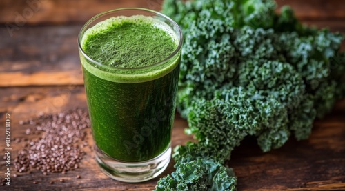 Fresh green smoothie made from kale and spirulina beside leafy greens on a wo...