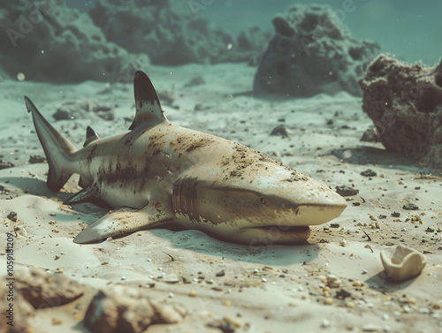 
A flat-bodied shark lying camouflaged on a sandy ocean floor with rocks and small coral formations, slightly buried to blend with its environment, showcasing its unique shape, cinematic style, Compos photo