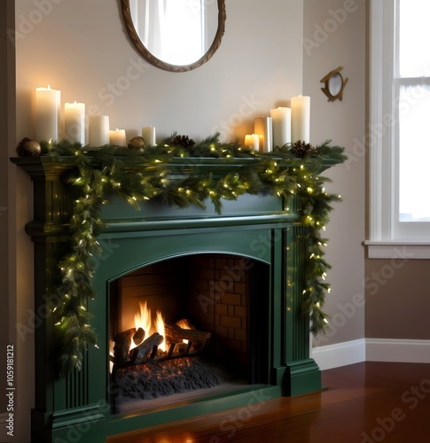 Green Fireplace Mantle Decorated with Lighted Christmas Garland and Candles