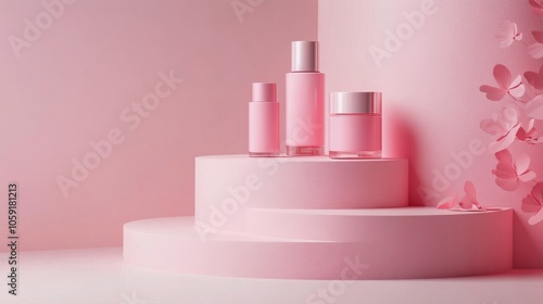 Pink cosmetic products creatively arranged against a textured pink backdrop w...