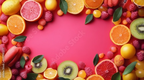 Colorful fruits arranged in a vibrant border on a pink background for a cheer...