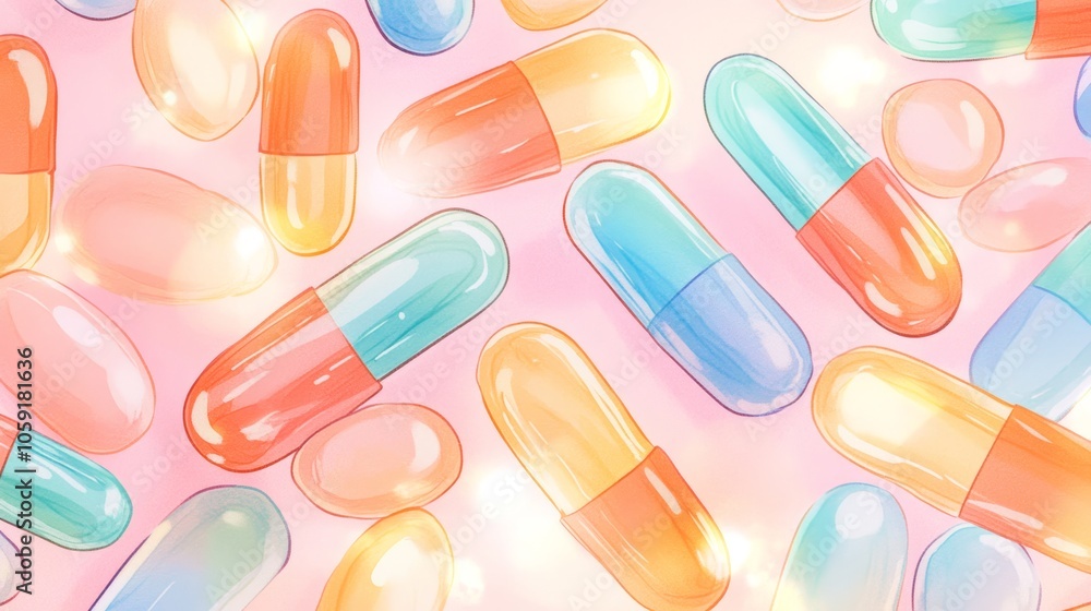 Colorful Capsules and Pills on Soft Pink Background Healthcare and Wellness Concept Colorful Capsules and Pills on Soft Pink Background Healthcare and Wellness Concept